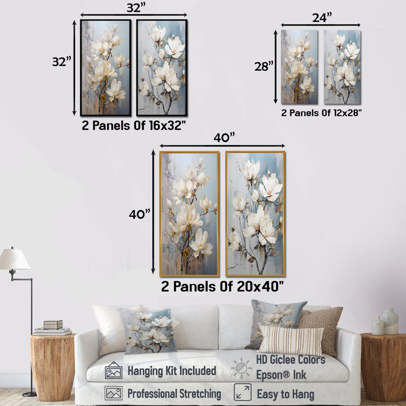 Ensemble de 2 décorations murales blanc et bleu Magnolia Blossom Beauty - Magnolias, H 32 po x l 33 po, Cadre noir