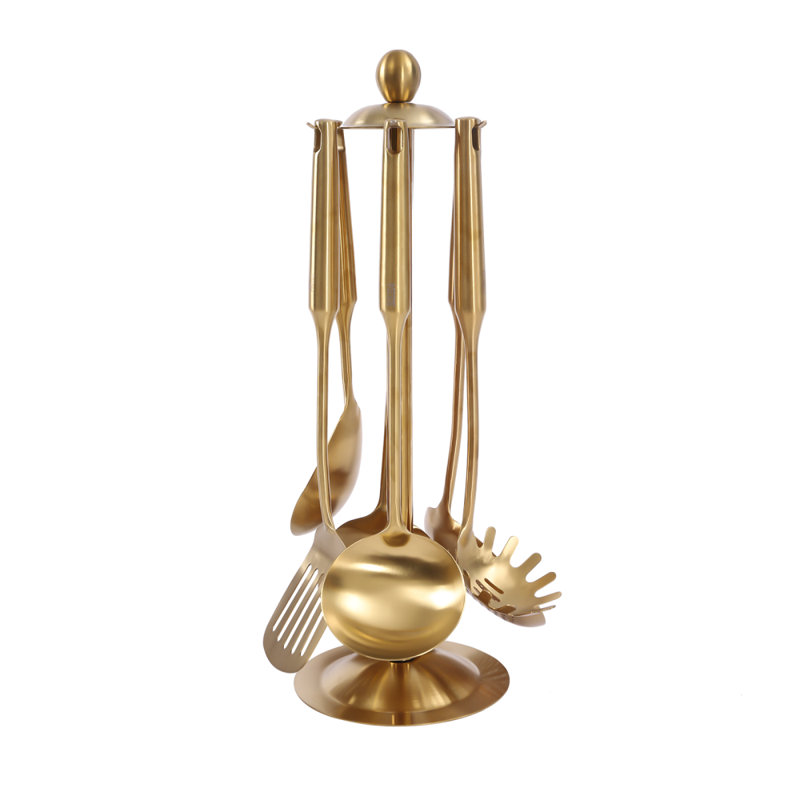 7-Piece Gold Stainless Steel Kitchen Utensil Set with Holder