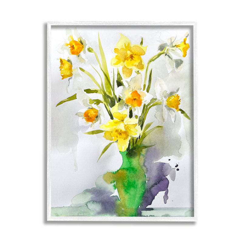 «Modern Daffodils Vase On Canvas» par Claudia Bianchi, impression, Giclée encadrée blanc bord de mer