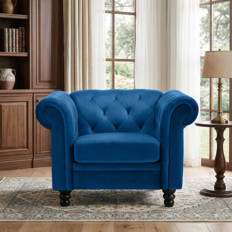 Fauteuil Chesterfield large capitonné 42,52 po Fynlie, Bleu