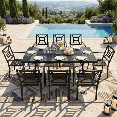 9-Piece Metal Outdoor Dining Set with 77" Table and Stackable Chairs
