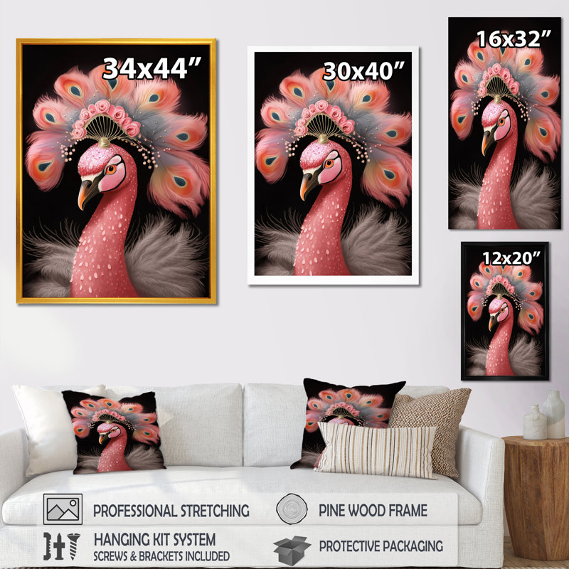Flamant rose avec couronne rose, Cadre simple noir, H 32 po x l 24 po x P 1 po