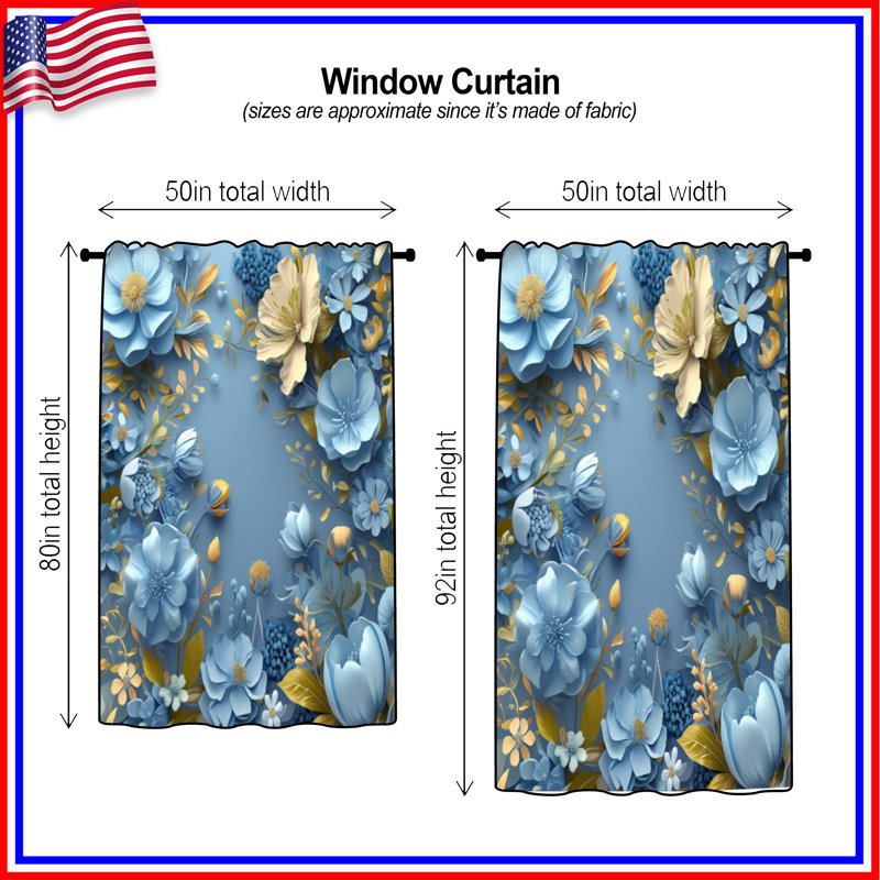 Rideaux à motif floral bleu, voilages et voilages à motif floral - 1 panneau, 50" x 92" - 1 Panel, Transparent