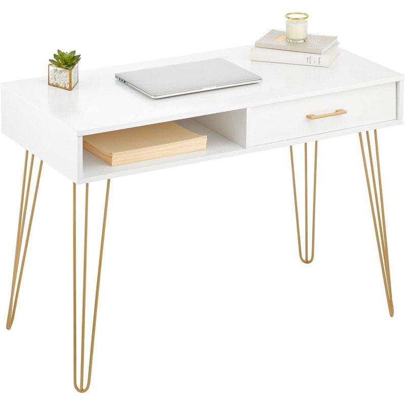 White and Gold Hairpin Leg Desk with Drawer
