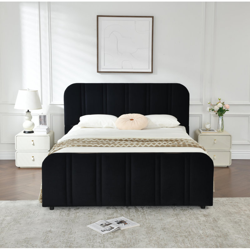 Lit tapissier avec 2 grands tiroirs de rangement en bois , Double, Noir