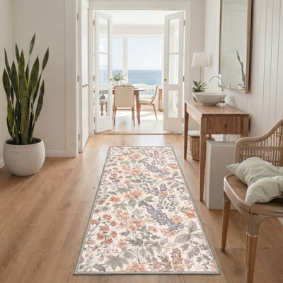 Aura Floral Machine Washable Purple/Beige/Orange Indoor Area Rug With Non-Slip Backing