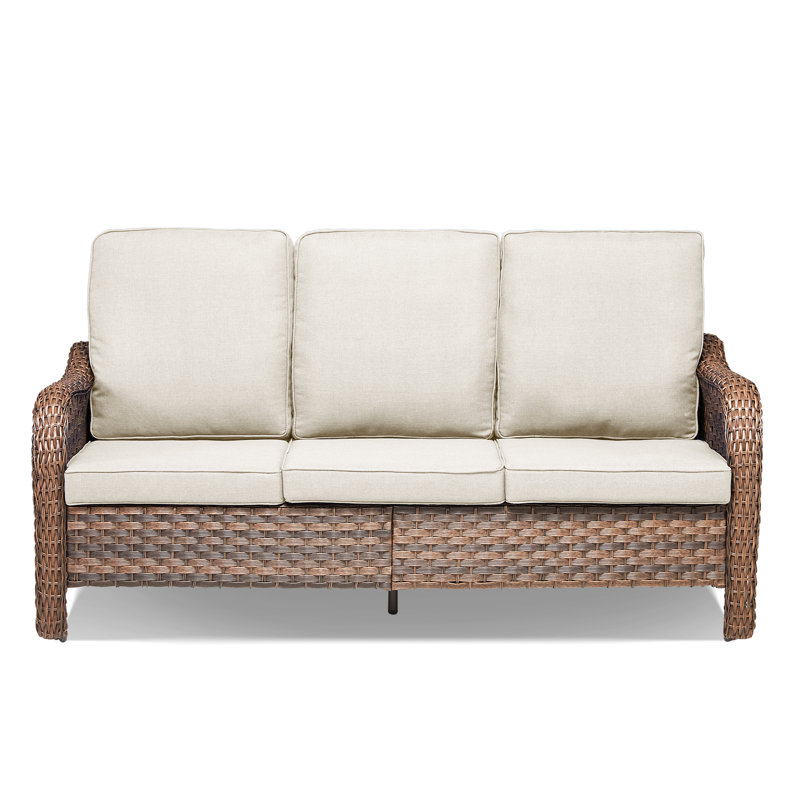 All Weather Wicker Patio Couch, 3 Seats Patio Sofa With Cushions, Outdoor Patio Sofa For Garden, Porch, Backyard, Beige, Blue