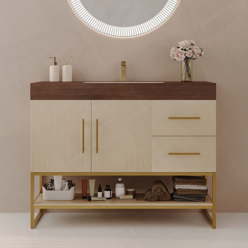 Meuble-lavabo autoportant moderne avec lavabo en céramique sans soudure et décor doré, Or / bois