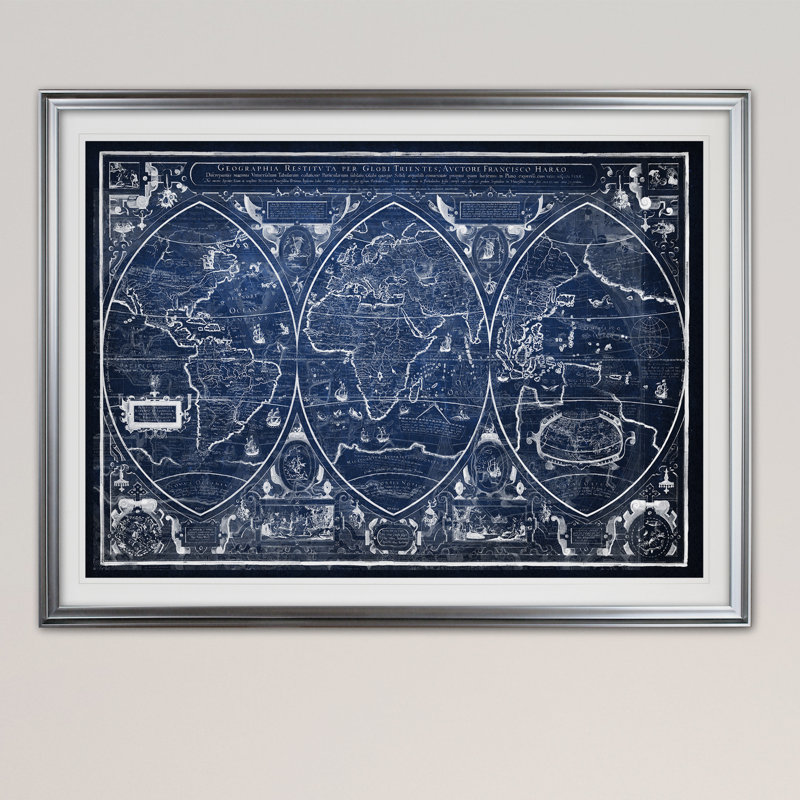 « rétro carte du monde iii », impression, Cadre argenté, H 31 po x l 43 po x P 1,5 po