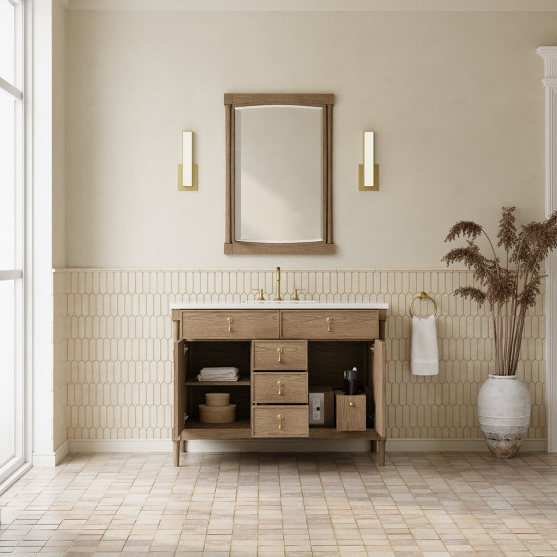 Kinnsden 48" W Single Vanity, White Zeus Silestone, 8" Widespread, Weathered Oak
