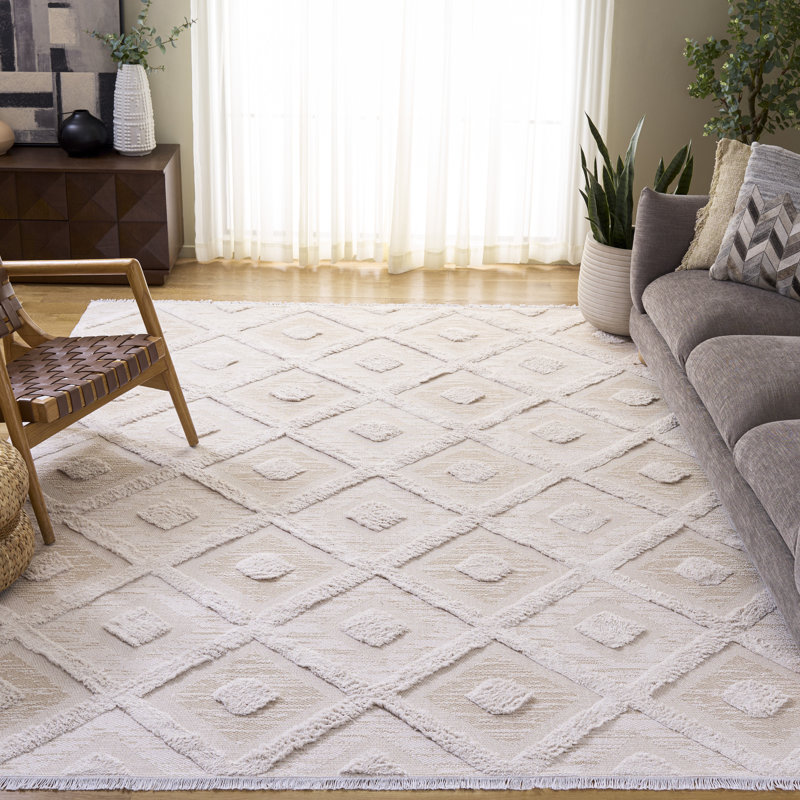 Tapis géométrique beige / ivoire Abisoye, Rectangulaire 8 pi x 10 pi