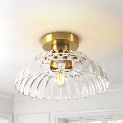  Moncia Modern 11.8" Fluted Antique Brass Glass Semi-Flush Mount Ceiling Lightfor Entryway Hallway