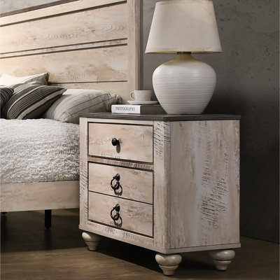Chambre à coucher 3 Table de chevet brun antique avec plateau en bois patiné et décoration rustique à 3 tiroirs, plateau brun, thème