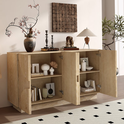 Grande armoire de rangement en bois à 4 portes avec poignées semi-circulaires et tablettes réglables pour la salle à manger, la cuisine et le salon (naturel)