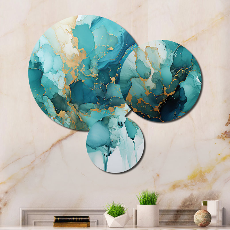 Teal Gold Abstract Fractal Mystic Mirage III - Modern Metal Wall Decor Set