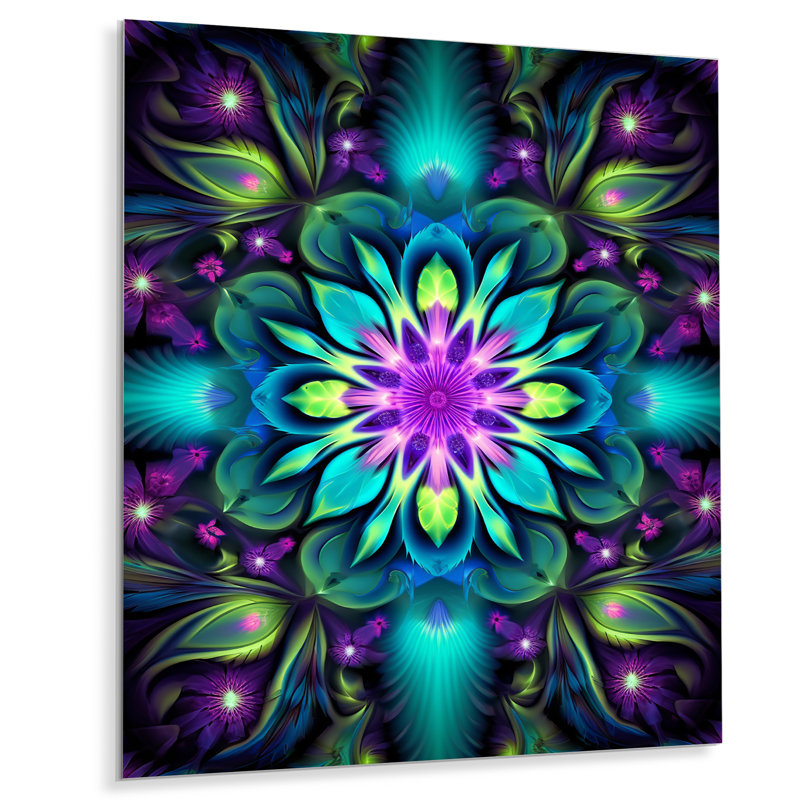 Décoration murale turquoise néon fractal II - Boho Mandala, Pas de métal encadré, H 40 po x l 30 po x P 1,5 po