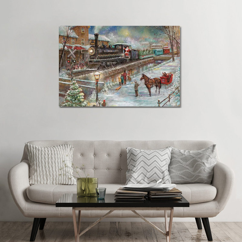 Train de Noël par Ruane Manning - reproduction d'art, H 32 po x l 48 po x P 1,5 po, Aucun mat, Toile tendue