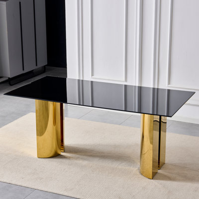 70.00 Inch Rectangular Dining Table, Modern Style, Black Tempered Glass Tabletop, Gold Stainless Steel Legs, Mirror Finish