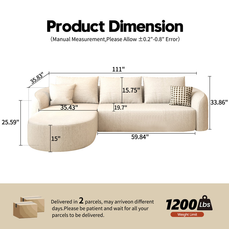Canapé modulaire incurvé modulaire Boneless, H 33,86 po x l 111 po x P 72 po, Orienté à gauche (vu de face), Blanc