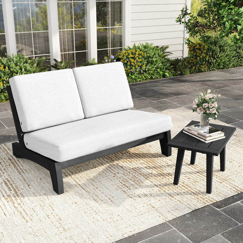 Ensemble de conversation d'extérieur en bois massif avec causeuse et table d'appoint Polett, Beige, Noir, noir, noir, noir