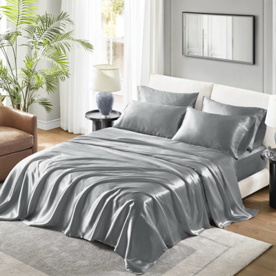 4 Pcs Twin Luxury Grey Satin Sheet - Wrinkle , Reduces Frizz, , 1 Flat Sheet, Fitted 39"w X 75"l + 14"d Pillowcases Hair Breakage,