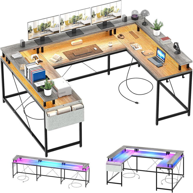 Bureau d'ordinateur en U de 78,8 po avec prises de courant, ports USB, bande DEL et support pour écran, bureau en L réversible avec tablettes de rangement
