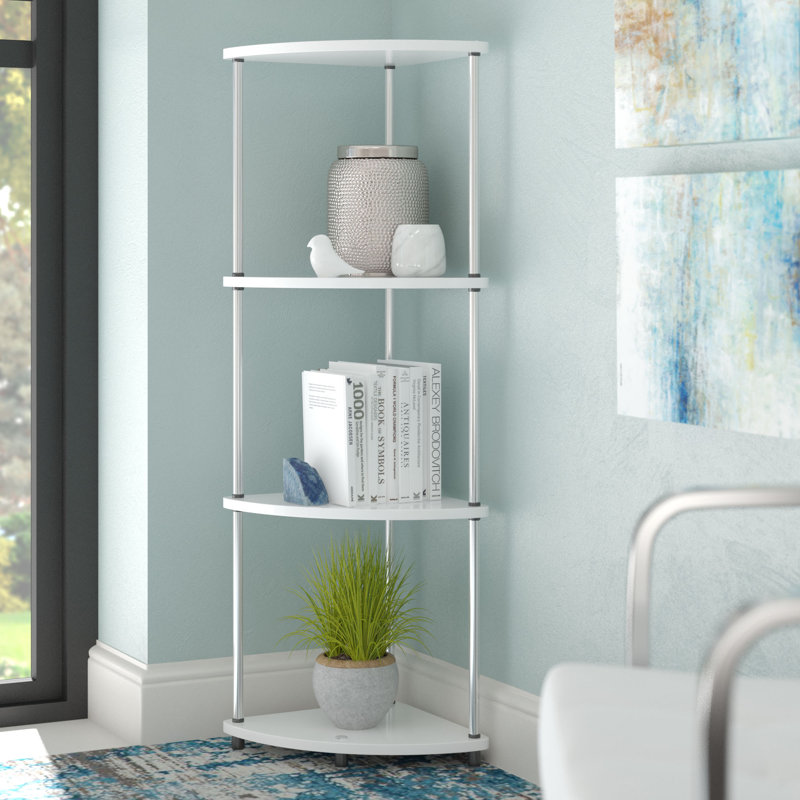 Edwin Corner Bookcase, White/Stainless Steel, 48" H x 13.75" W x 13.75" D