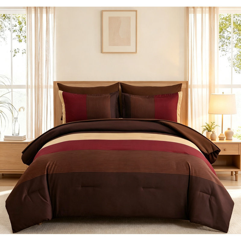 Red Brown Comforter Set Queen Boho Striped 7 Piece Bed in a Bag