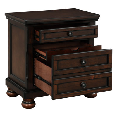 Table de chevet Classic au fini cerisier brun, placage de bouleau, 2 tiroirs avec glissières à roulement, table de chevet traditionnelle à coins cachés, glissières lisses, compartiment pour