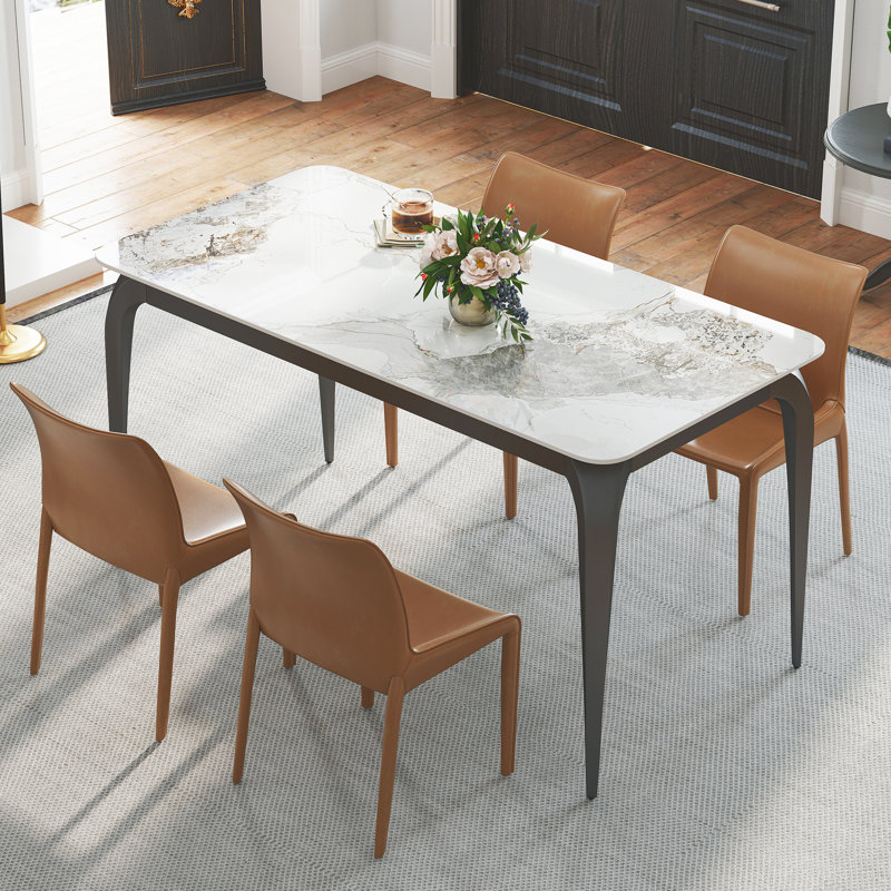 Krystah Rectangular Large Corner of Sintered Stone Ceramics Dining Table with Metal legs, Jade White, 29" H x 55" L x 28" W