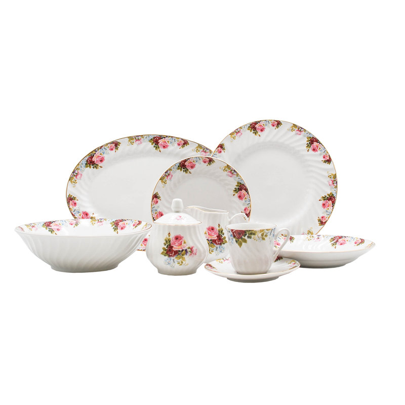 Priya 45 Piece Semi-Handmade Floral Porcelain Dinnerware Set with Gold Trim (Service for 8)