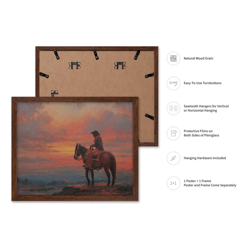 Coucher de soleil Cowboy, Poster, 16"H x 20"W, Brown Framed