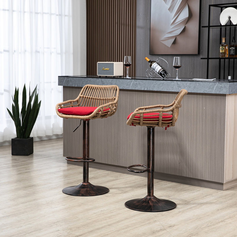 De 2 tabourets de bar rouges, réglables avec repose-pieds pour la cuisine et la salle à manger, base en métal, capacité de 250 lb, coussin de siège en lin, tabourets modernes 2, et charge