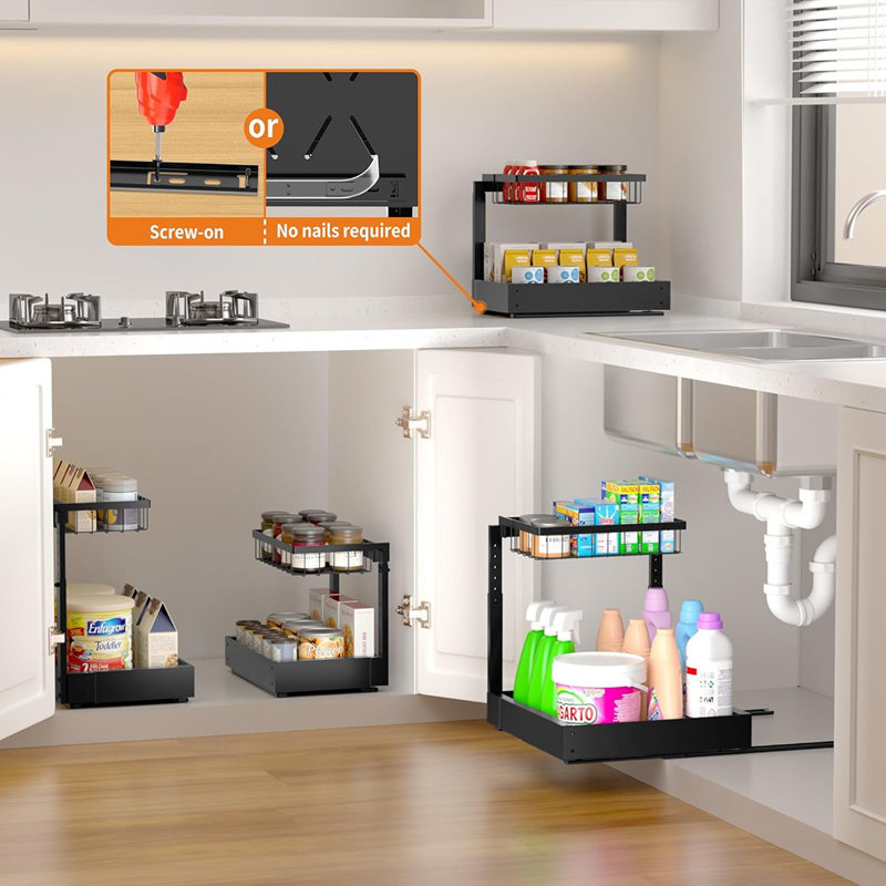 Ensemble de 2 tablettes extensibles sous évier à 2 niveaux - Armoire de rangement réglable pour la cuisine et la salle de bain