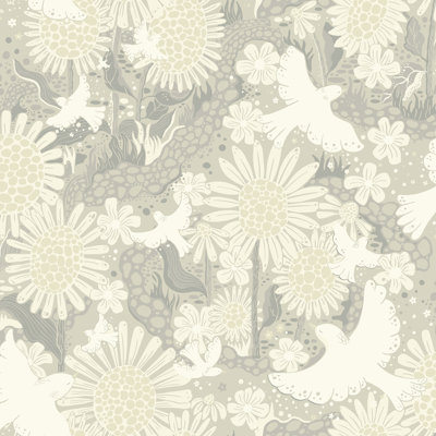 Papier peint Drmma gris clair avec oiseaux chanteurs et tournesols
