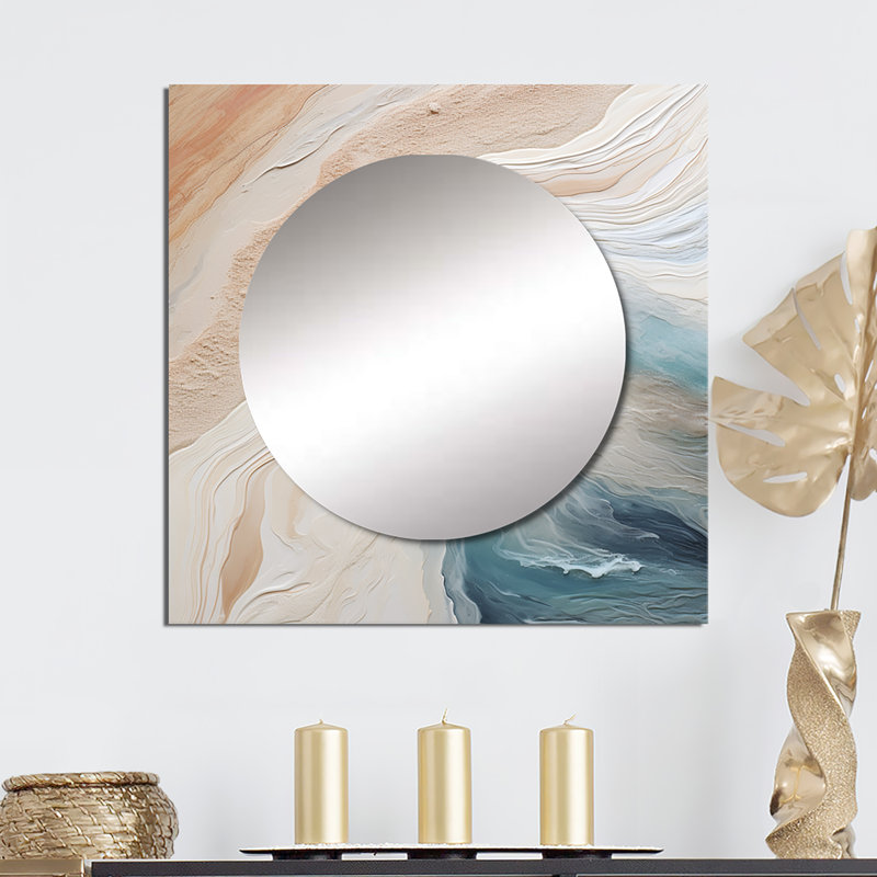 Ceion - Modern Blue And Beige Sand Aerial View Coastal Beach Sand Large Square Mirror For Wall Art Decor, 23" x 23"