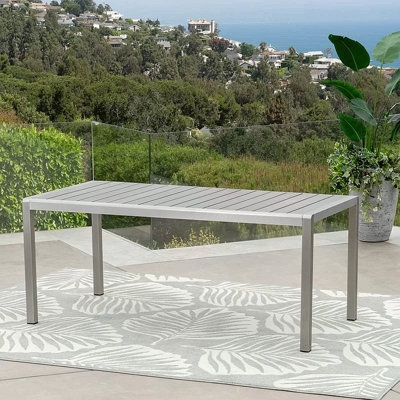 Table de salle à manger de patio avec plateau en faux bois, structure en aluminium