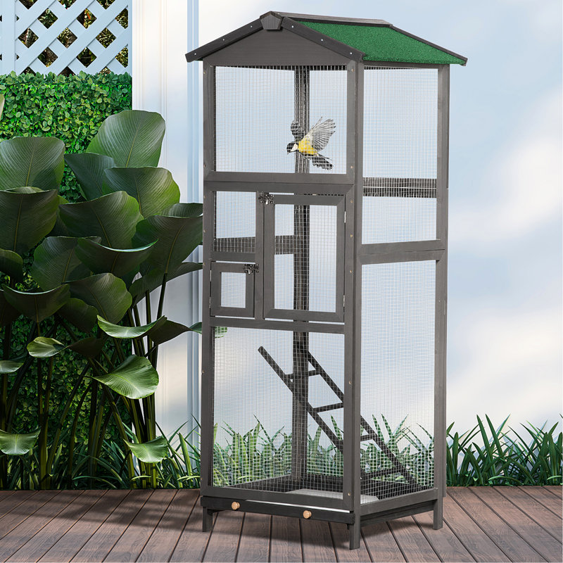 Volière 65 "pour perroquets et perruches, en bois gris, avec 2 portes, plateau coulissant, perroquets en bois aquatiques, perruches - gris, plateau