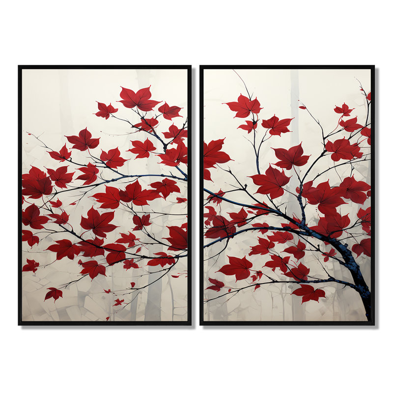 «Red Leaves Scarlet Simplicity - Floral Leaves», art mural, H 36 po x l 48 po, Reproduction encadrée sans passe-partout, Noir