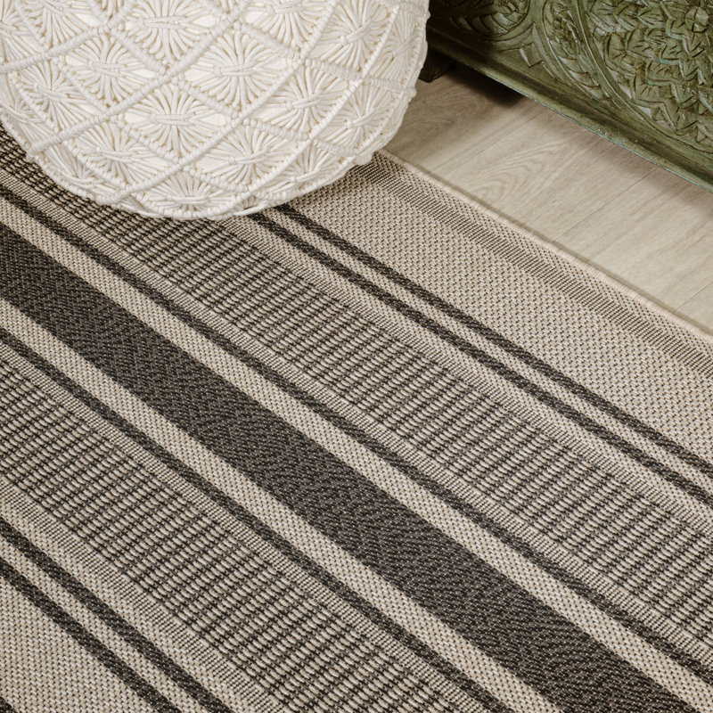Clarina Modern Double Stripe Black/Beige Indoor/Outdoor Rug, Runner 2' x 8'