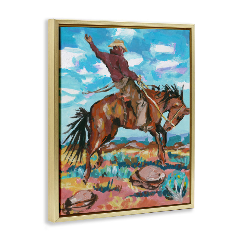 «Cowboy On Eleving Horse», art mural encadré par John Dixon, H 31 po x l 25 po, Cadre flottant métallique doré