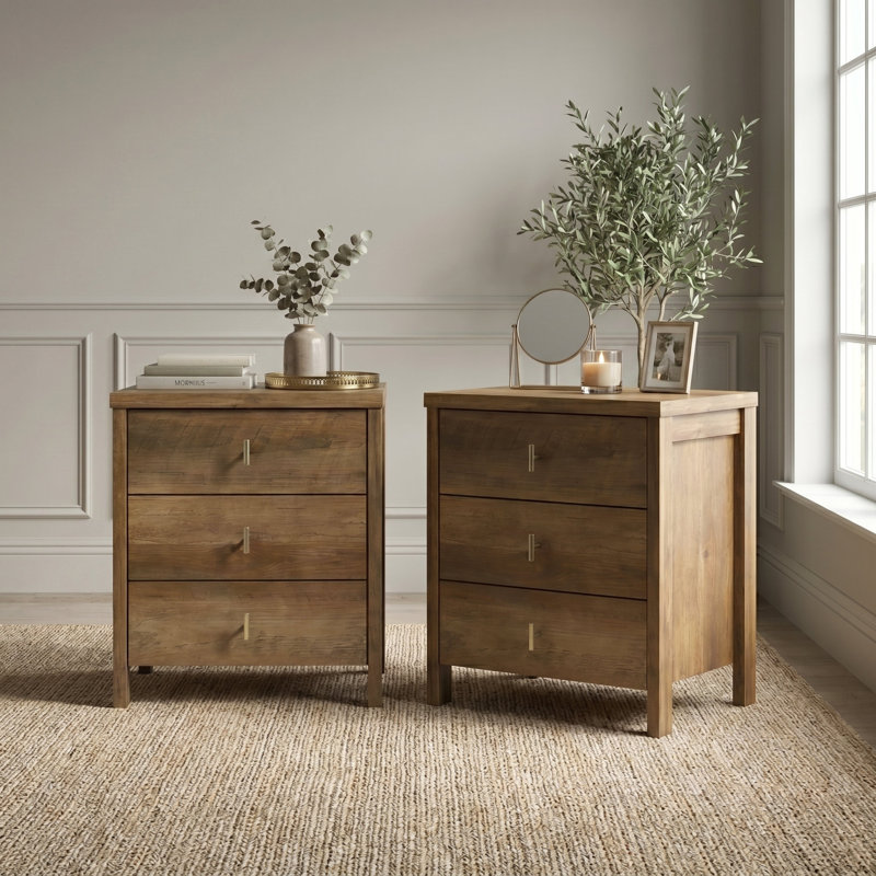 Pruitt Modern 3 Drawer Nightstand, Knotty Oak