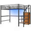 Lit mezzanine double en métal avec bureau, escalier de rangement, petite armoire et lumière DEL-677766501
