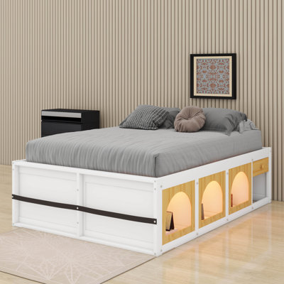 Platform Bed With LED Light And Drawer, Wooden Bed With Bookshelf And Display Cabinet, Bed Frame Without Headboard