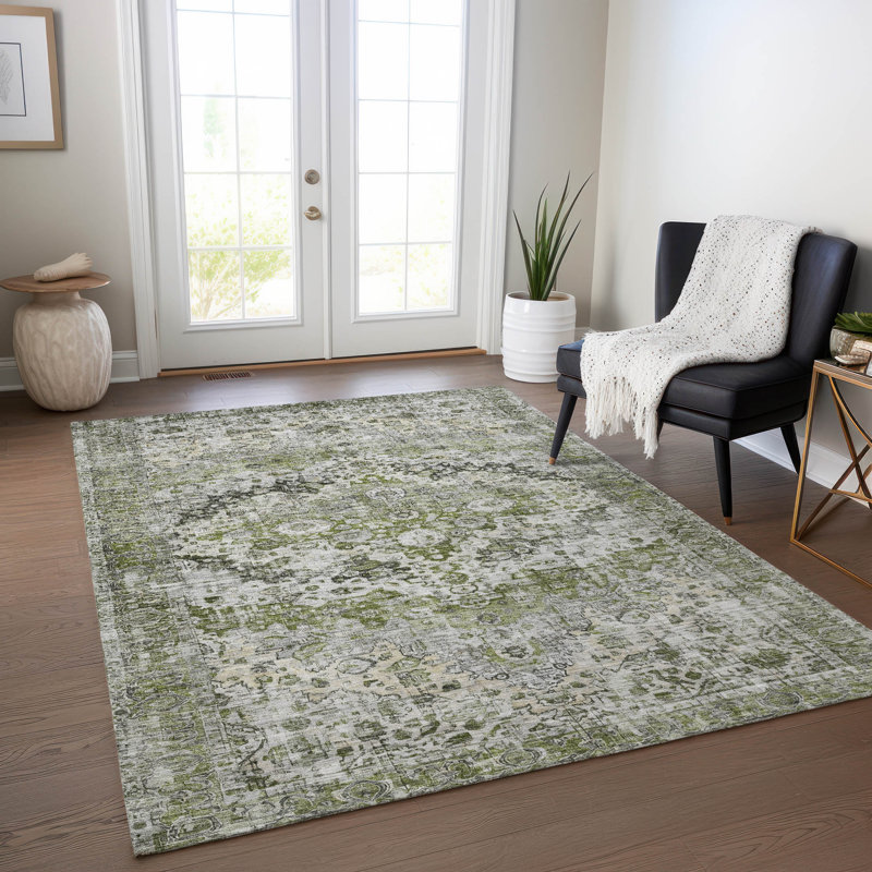 Aloe Green and Gray Synthetic Washable Rectangular Rug