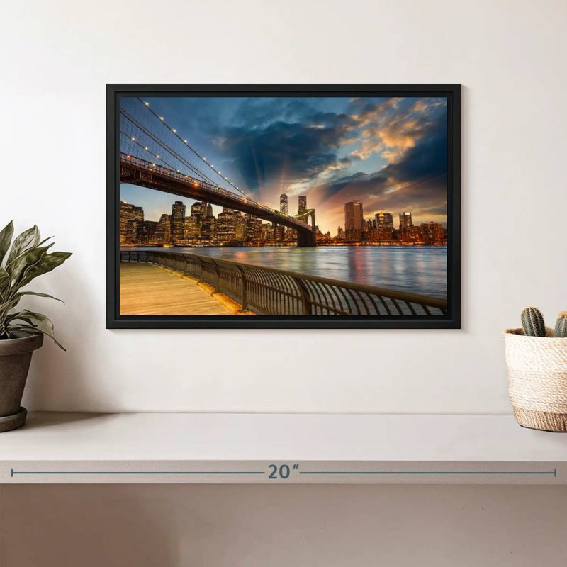 Soleil de Brooklyn Bridge, Cadre flottant noir, 13 po x 9 po