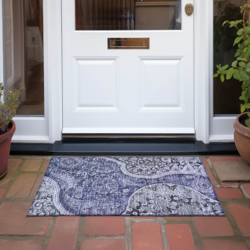 Tapis bleu marine intérieur / extérieur lavable à la machine Chayil ACN1078, Rectangle 1 pi 8 po x 2 pi 6 po