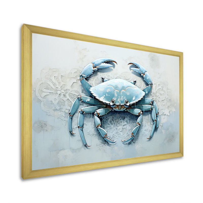 Minimalisme bleu crabe impression I - impression sur toile crabe, H 30 po x l 40 po x P 1,5 po, Cadre doré