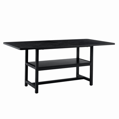 A 71 * 35.4" dining table with a tabletop cleverly pieced together by four black textured MDF boards. There is a 43.3 * 19.7 storage platform below the desktop. Very suitable for family gatherings