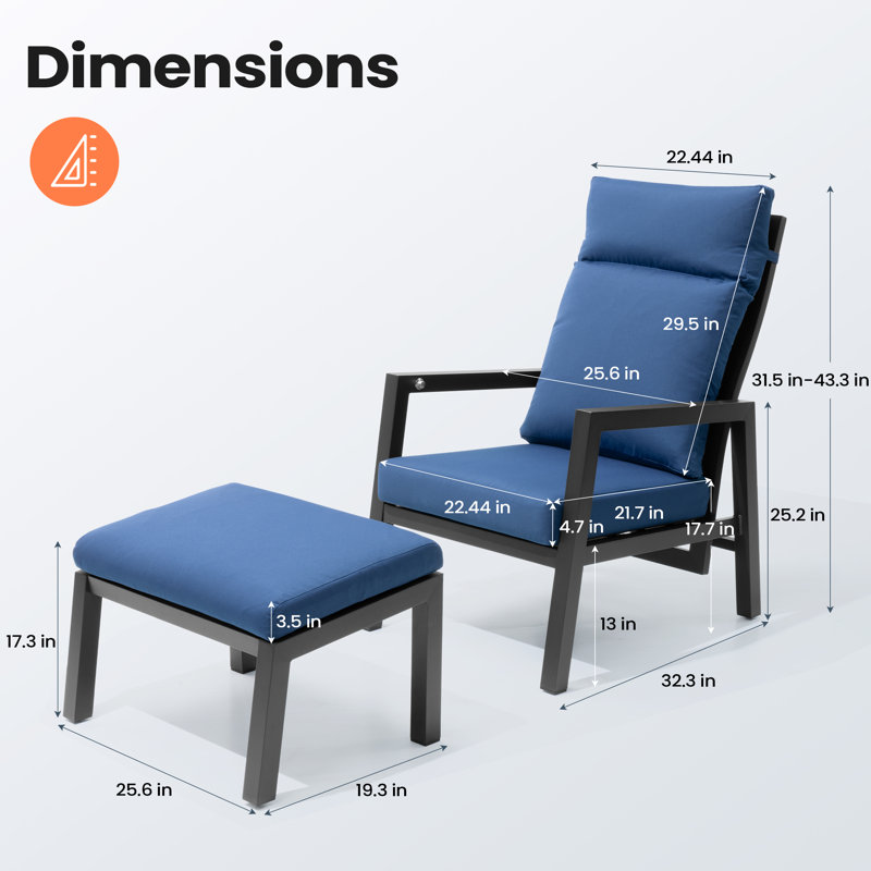Push-button Pneumatic Adjustable Aluminum Patio Lounge Chair with Cushions and Ottoman, Navy